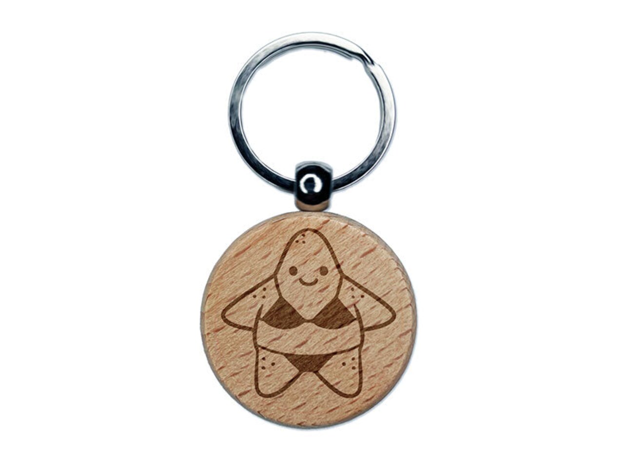Funny Silly Starfish in Bikini Swimwear Sea Star Engraved Wood Round Keychain Tag Charm